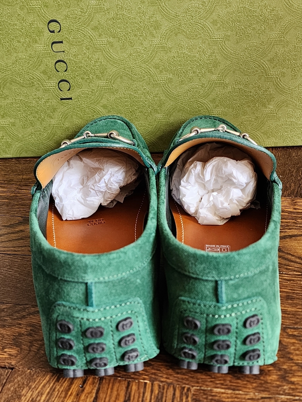 $950 Brand New Gucci GG Men's Vintage Green Suede Driver Loafers G 12 US 12.5 - Picture 6 of 10